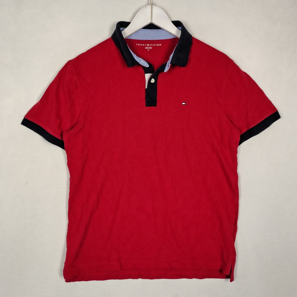 Tommy Hilfiger Mens Red Short Sleeve Polo Shirt Navy Collar Size M